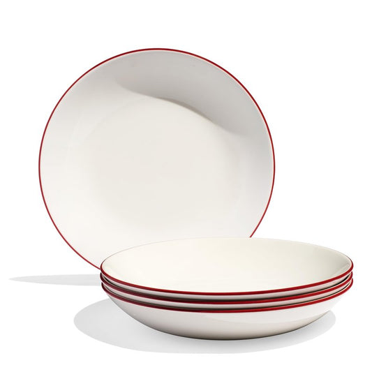 Made In Cookware - Set of 4 - Entrée Bowls - White With Red Rim - Porcelain - Crafted in England