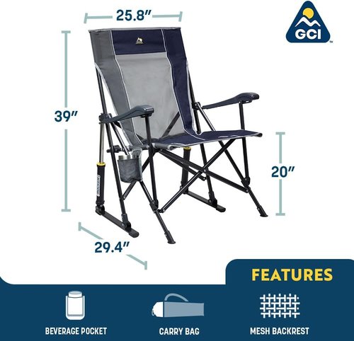 GCI Outdoor RoadTrip Rocker Camping Chair - Portable Folding Rocking Chair with Drink Holder & Extended Backrest - Indigo Blue