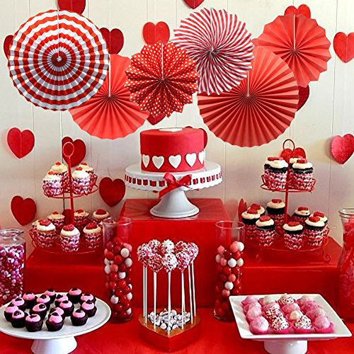 6-Pack Red Party Decorations, Hanging Paper Fans Wall Decor
