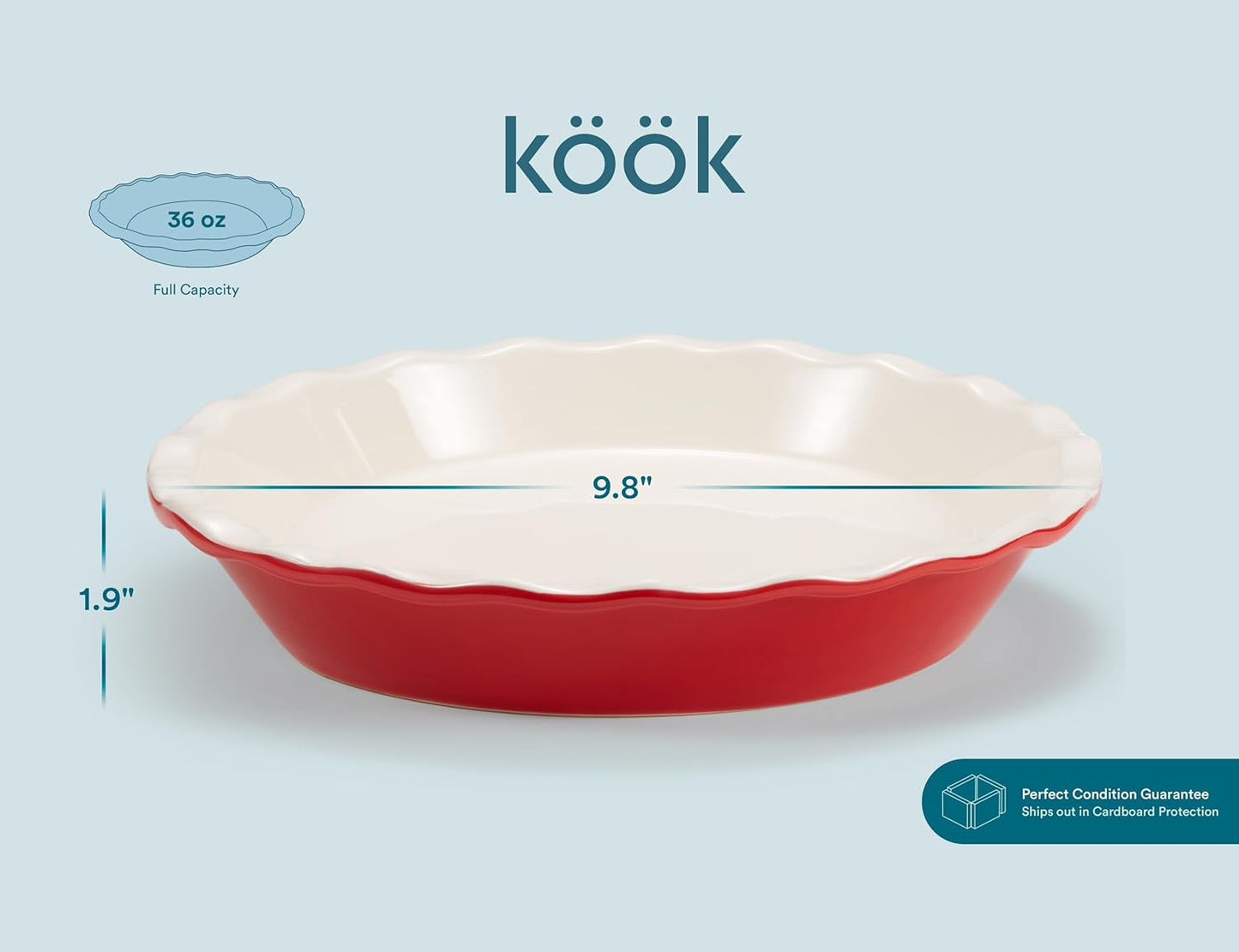 KooK Ceramic Pie Pan Set - 9-Inch Reusable Round Baking Dish with Wave Edge | Microwave & Oven Safe, Cherry