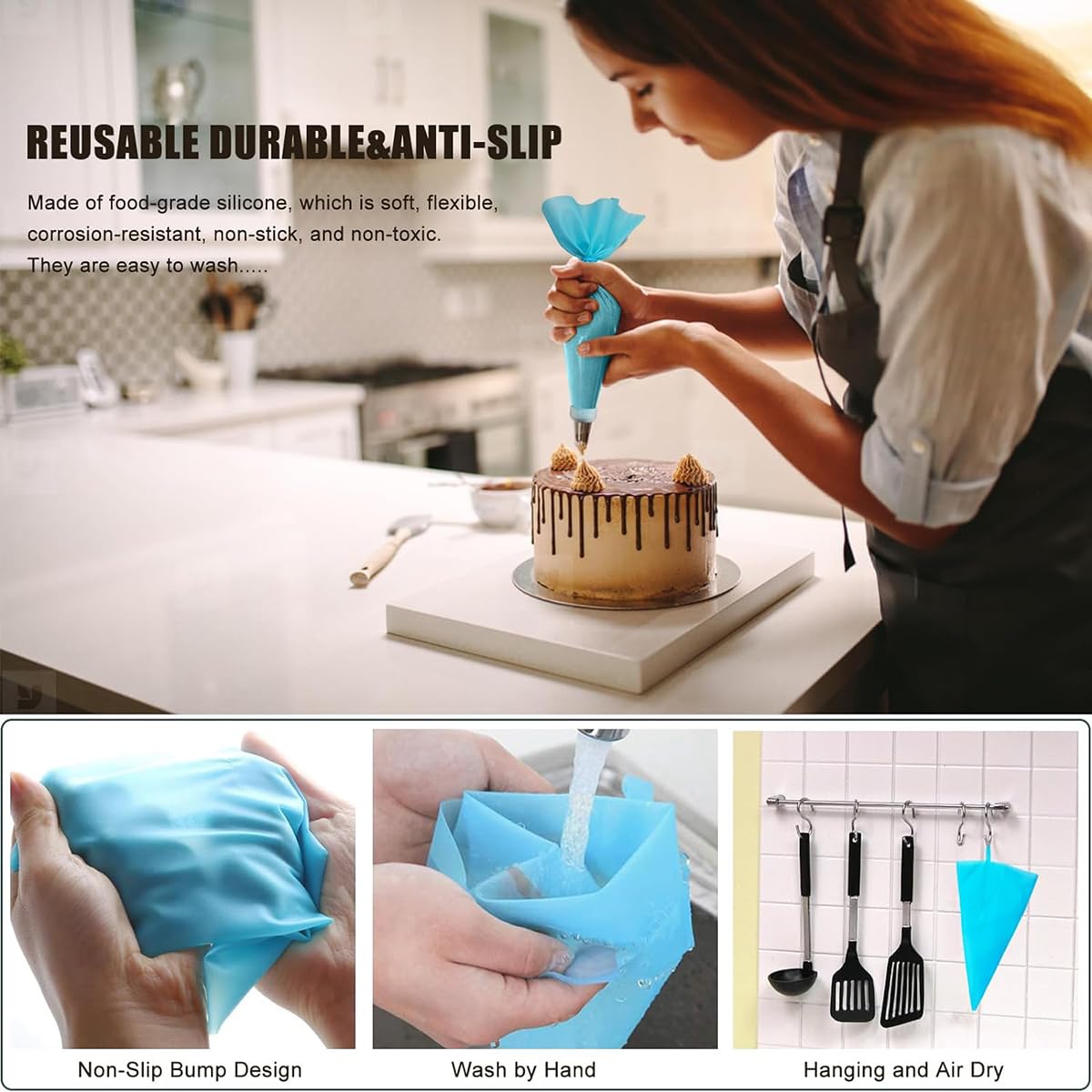 21pcs/set Cake Decorating Tools,Piping Bags and Tips Set;with 2pcs Reusable Icing Pastry Bags,Set Of 3 Scrapers,12 Different Icing Bags Tips, 2 Piping Bags Couplers and 2 Frosting Bags Ties