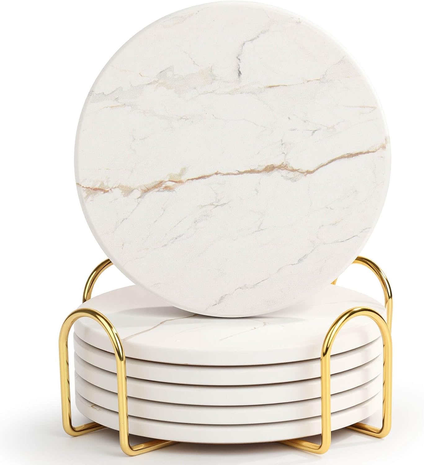 Ehigta Coasters Set of 6, Absorbent Drink Coaster with Holder, Marble Style Ceramic Stone Coasters for Drinks Coffee Tabletop Protection, Modern Furniture Coaster for Home Decor House Warming Gifts