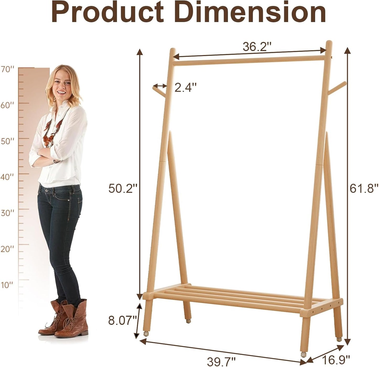 Muwuele Solid Wood Clothing Rack - Rolling Garment Rack with Shelves | Portable Closet Organizer (Natural)