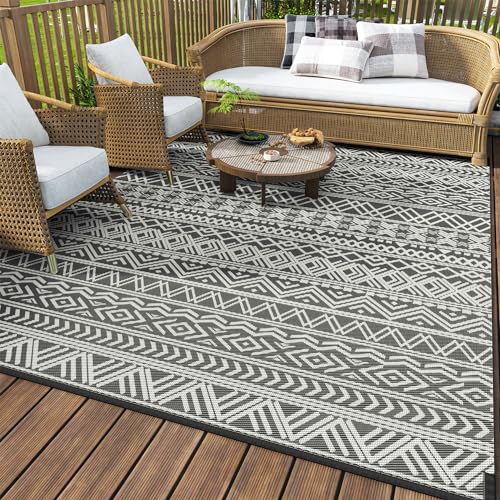 Grey Waterproof Outdoor Rug 6x9 ft Reversible Patio Carpet for Deck Balcony Backyard
