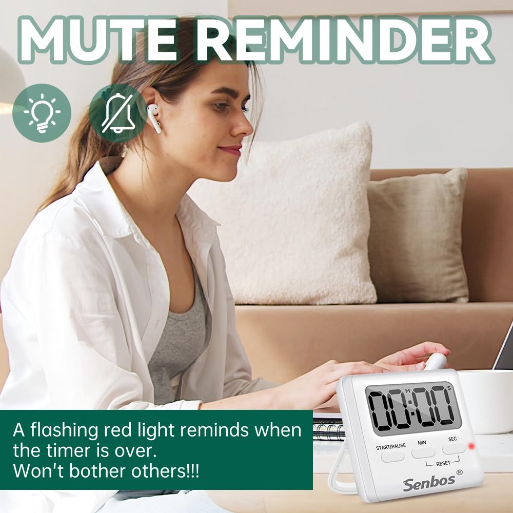 Senbos Digital Kitchen Timer with Loud Alarm - Magnetic Countdown/Countup Timer, Silent Mode, Large LED Display for Cooking, Classroom, Kids & Seniors (White)