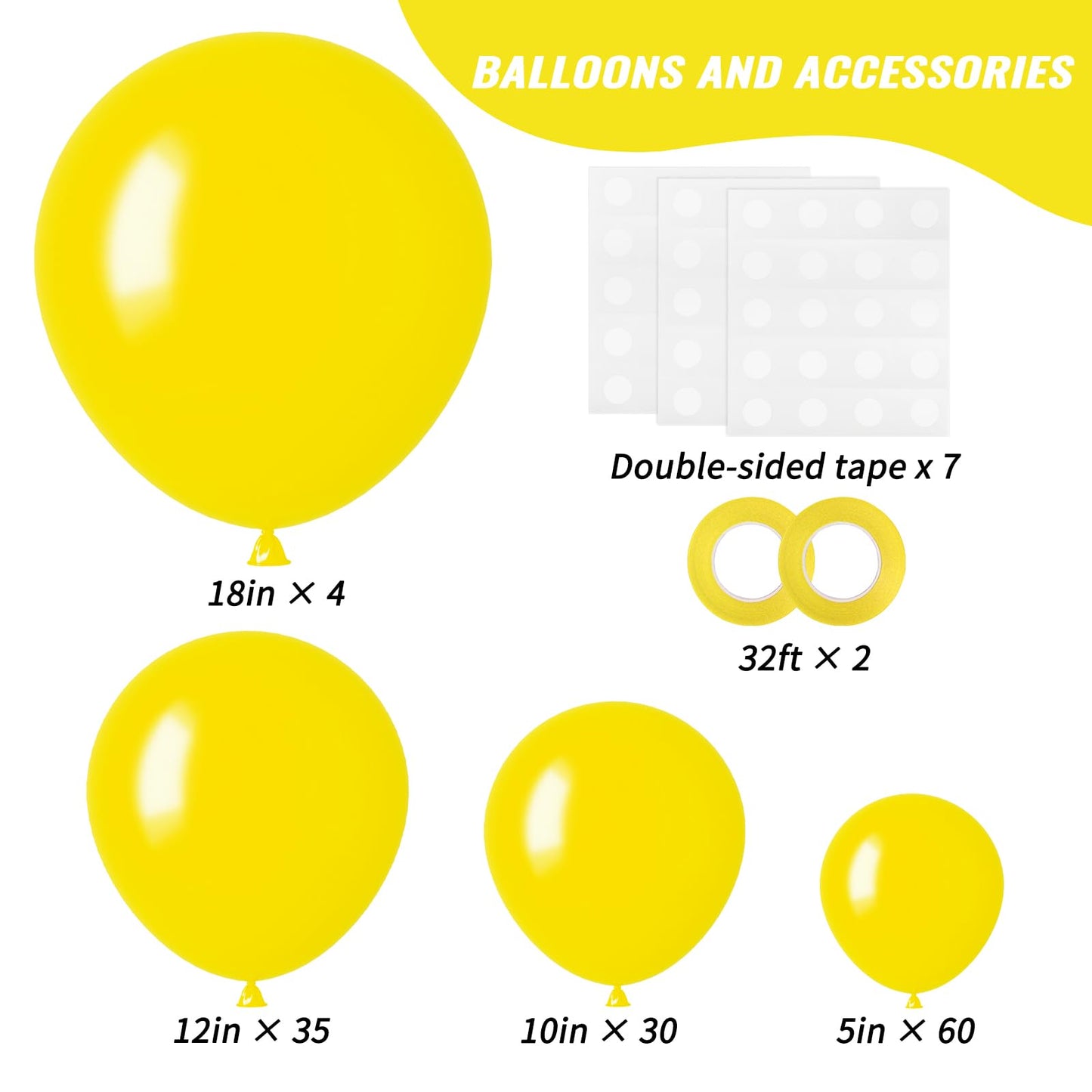 RUBFAC 129pcs Yellow Balloons Different Sizes 18 12 10 5 Inch Latex Balloon Garland Arch Kit for Masquerade Party Decoration Gender Reveal Graduation Anniversary Baby Shower Party Supplies