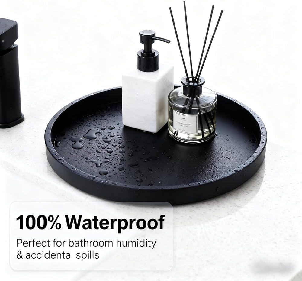 Skiennix Silicone Bathroom Tray - 9-Inch Round Vanity Tray for Candles, Perfumes, Soap Dispensers | Black