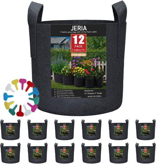 JERIA 12-Pack Grow Bags - 3 Gallon Heavy-Duty Nonwoven Garden Pots with Reinforced Handles
