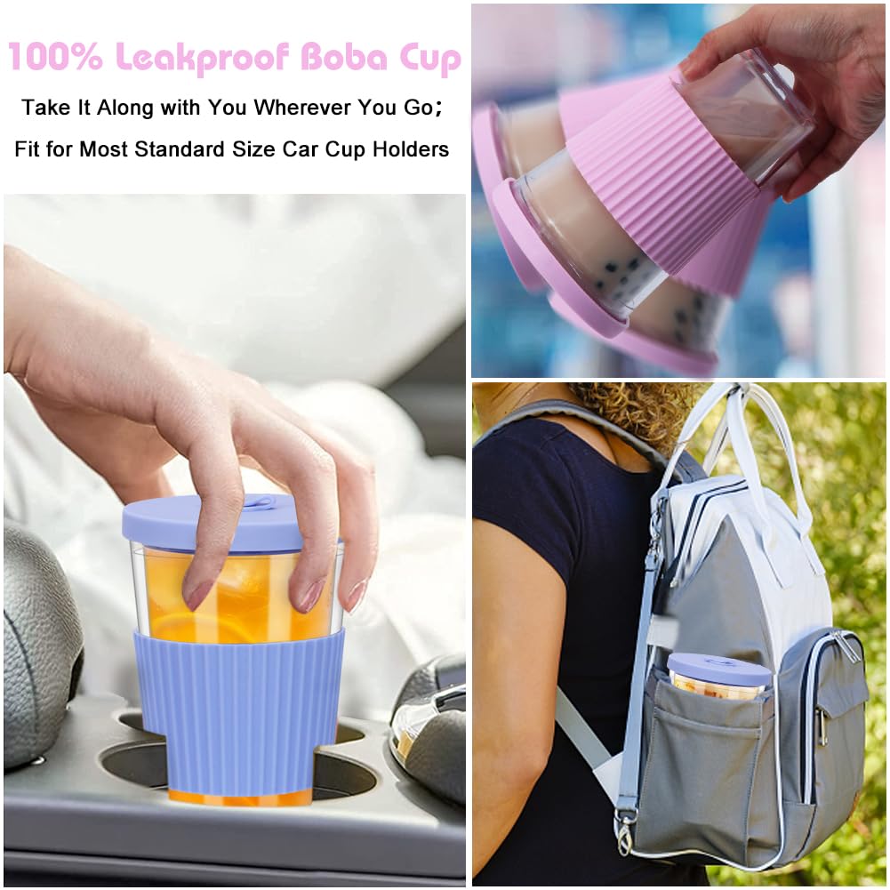UHAPEER 2 Pack Reusable Boba Cups, 17oz Iced Coffee With Straw and Lid, Leakproof Clear Plastic Tumbler, Double Wall Insulated Smoothie Cup, Pastel Violet and Cornflower Blue