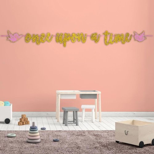 Gold Glitter "Once Upon A Time" Script Letter Banner - 12' x 8" (1 Set) | Elegant Hanging Decor for Birthdays, Baby Shower, and Princess Themed Parties