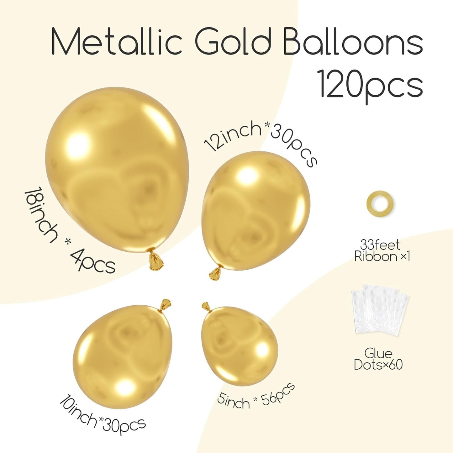 Awenztech Metallic Gold Balloon Arch Kit - 120pcs Chrome Latex Balloons for Weddings, Graduations & Parties