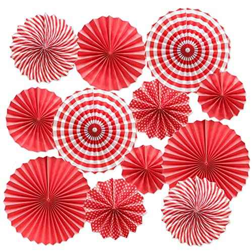 LRCXL 12PCS Party Hanging Paper Fans Set, Fiesta Round Pattern Paper Garlands Decoration Party Supplies for New Year Baby Shower Birthday Wedding Graduation Events Accessories(Red)