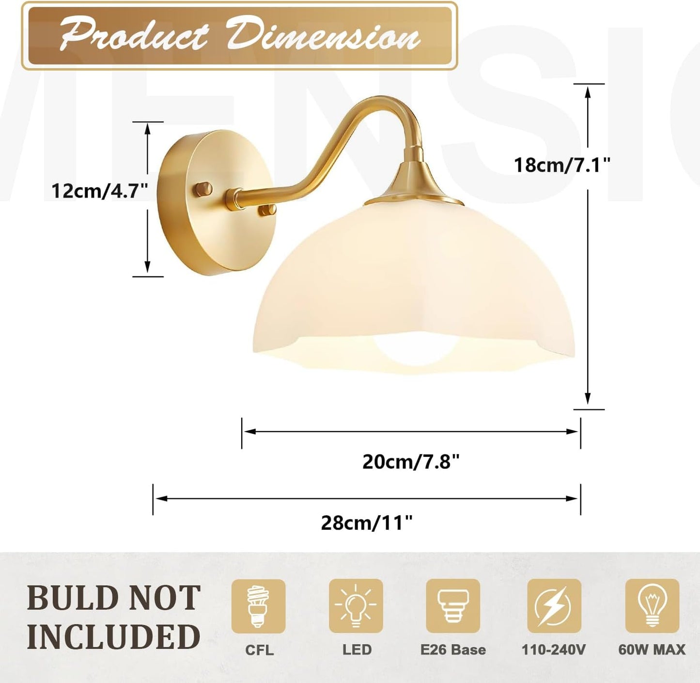 Gold Wall Sconce 1-Light Modern Wall Lighting Fixture Farmhouse Vanity Sconces Lights with Milk White Glass Shade Indoor Wall Sconce Lamp Wall Mount Light Fixture for Bedroom MWL02-1A