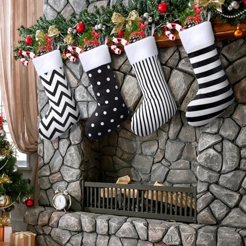 Realspring 4 Pcs Black & White Christmas Stockings Stripes and Dots (Stripes and Dots)