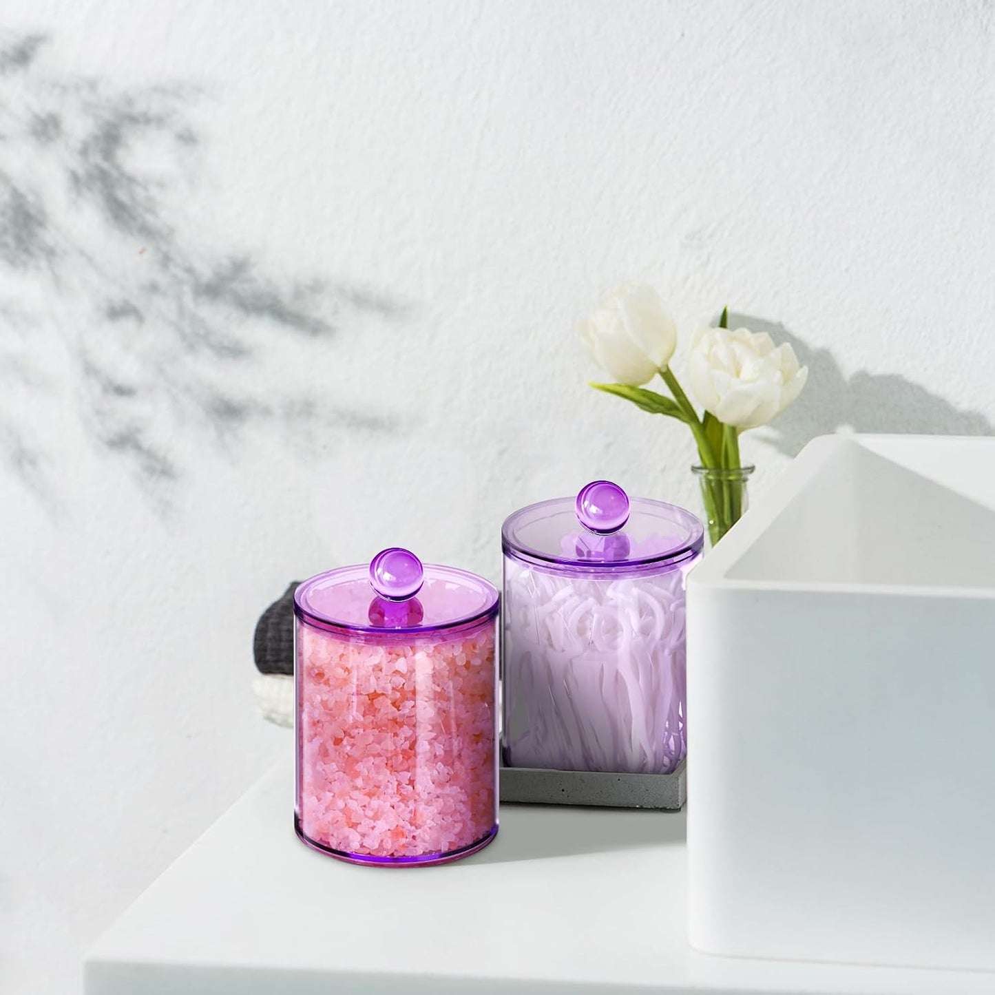 XIPENGKEJI Qtip Holder Set - 2 Pack Apothecary Jars with Lids for Cotton Swabs & Pads | 10oz-12oz Purple