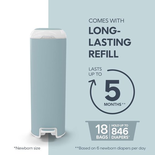 Diaper Genie Platinum Pail - Durable Stainless Steel with 1 Easy Roll Refill | Glacial Blue, Lasts 5 Months