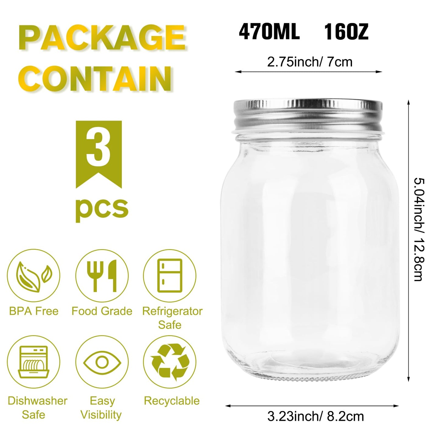 ODDMUCK Glass Mason Jars, 3 Pack 16oz Clear Glass Regular Mouth Canning Jars with Lids for Sealing, Ideal for Food Storage, Snacks, Candies, Jam, Honey, Wedding Favors, Shower Favors, DIY Projects