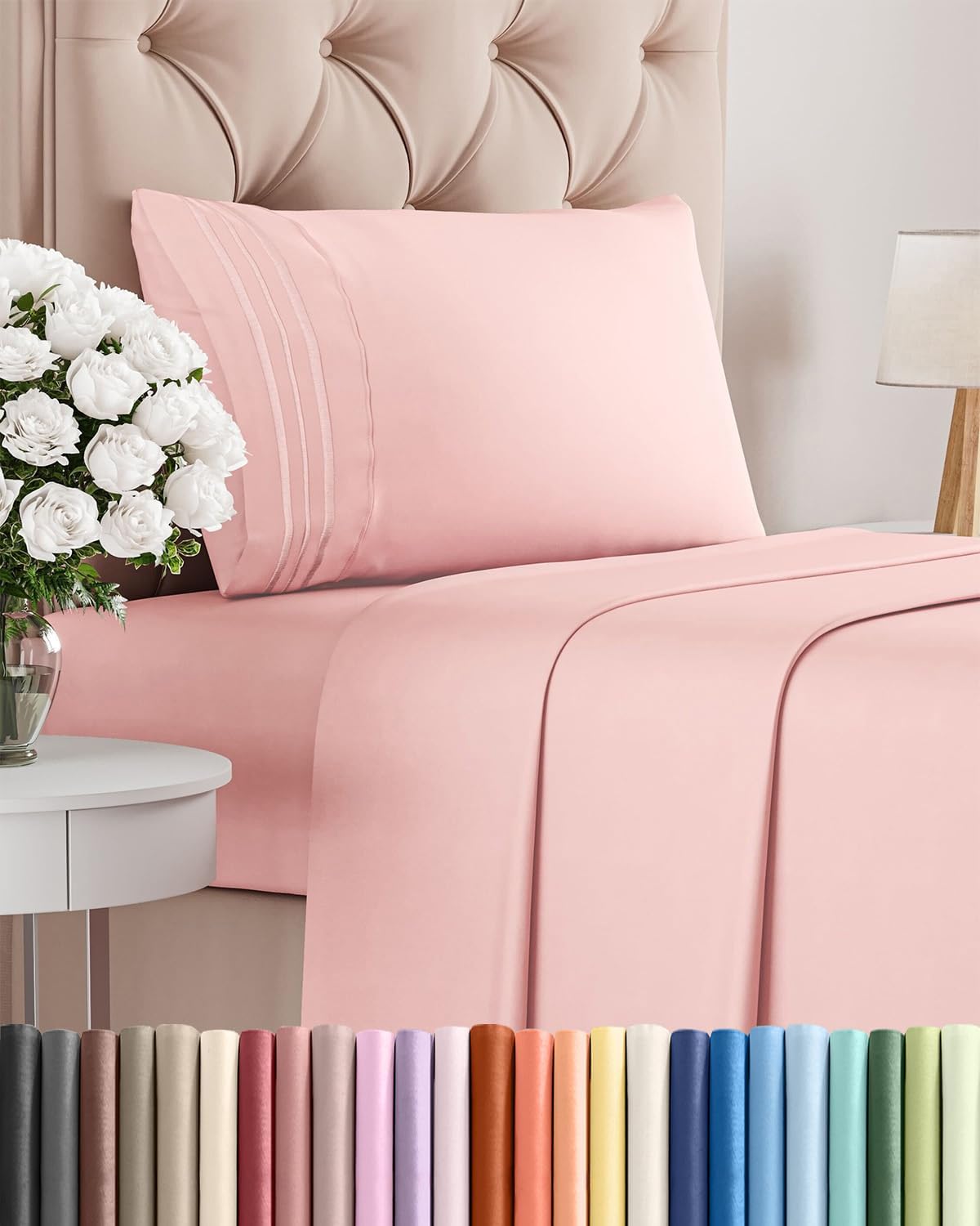 Skiennix Twin Size 3-Piece Sheet Set - Ultra-Soft Cooling Bedding - Deep Pockets, Wrinkle-Free - Baby Pink
