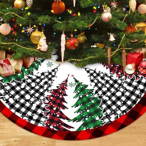 Pines Christmas Tree Skirt 48 Inch, Large Red Black Buffalo Plaid Xmas Tree Skirts, Winter Holiday Tree Mat Decoration