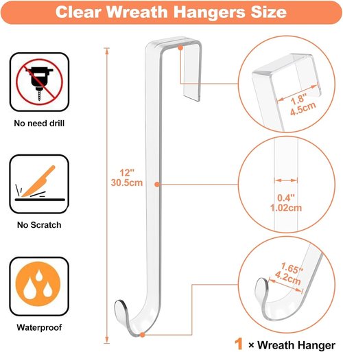 Clear Wreath-Hanger Hooks by [Brand Name] - Non-Scratch Over The Door Organizer | 12-Inch Slim Design