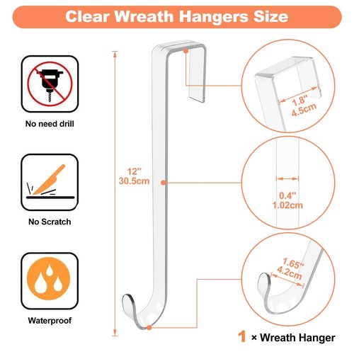 12" Clear Wreath-Hanger Non Scratch Hooks, 1 Pack Wreath-Hanger, Over The Door Hooks Deceneration, Slim Hangers Organizer