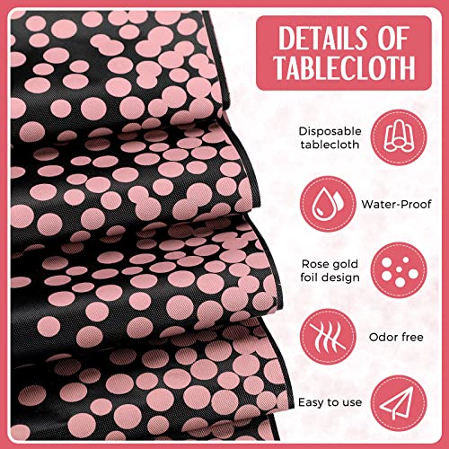Tudomro Black and Rose Gold Plastic Tablecloths & Satin Runner Set - 16 Pack for Weddings & Parties
