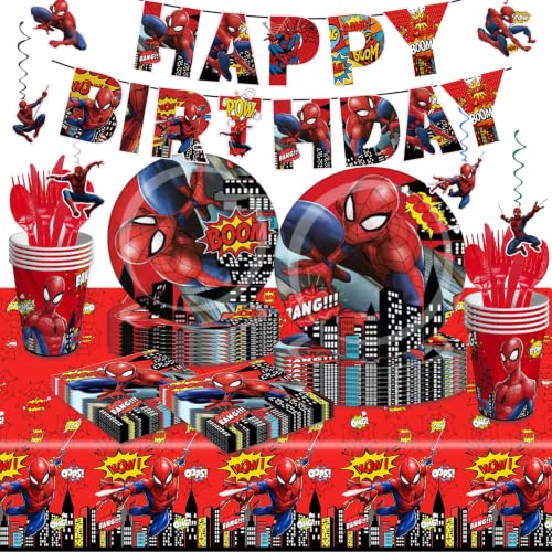118 Pcs Spider Birthday Party Supplies Set with Banner, Plates, Cups, Napkins & Decorations