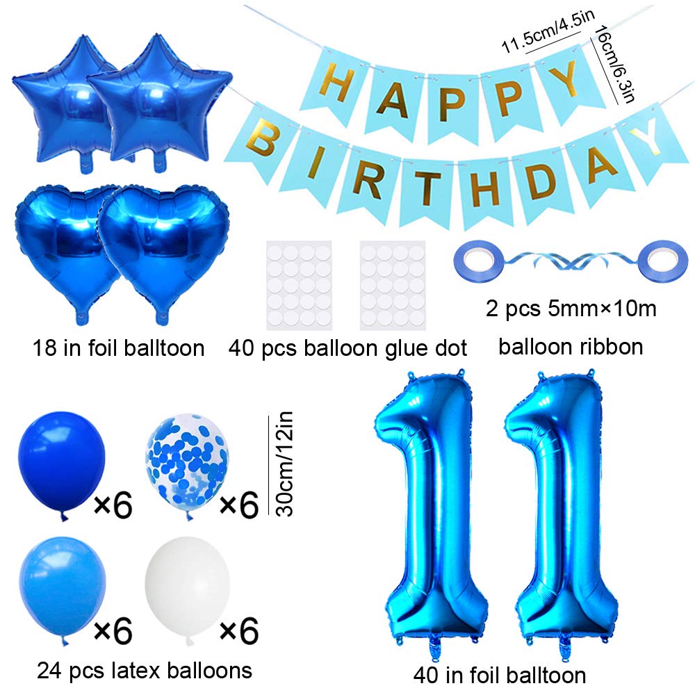 Huture 11th Birthday Party Supplies - Blue & White Foil Balloons, Happy Birthday Banner Kit, Latex Confetti, Star Balloons - Great Gift for Girls & Boys