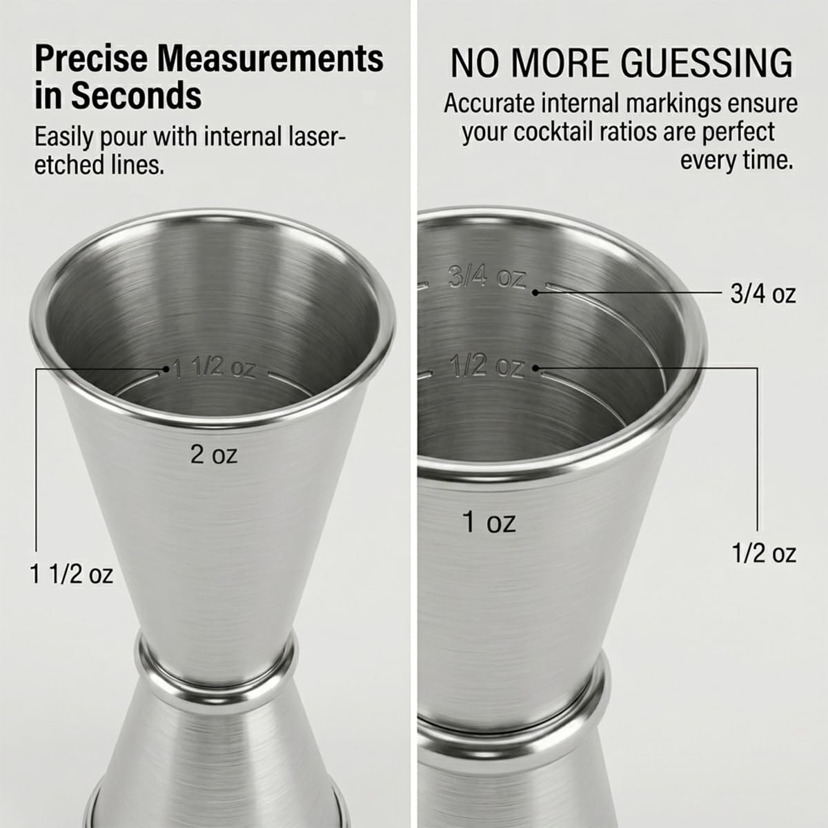 Barfroee Japanese Cocktail Jigger - 1oz & 2oz Double Jigger with Internal Measurement Markings - 304 Stainless Steel Bar Tool for Mixology - Accurate Shot Measure for Drinks