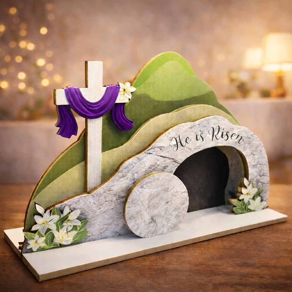 Lemonus He is Risen Easter Nativity Set - Empty Tomb Decor with Stone Texture & Scripture Verse | Christian Easter Tabletop Display for Home, Church Altar | Religious Resurrection Decorations