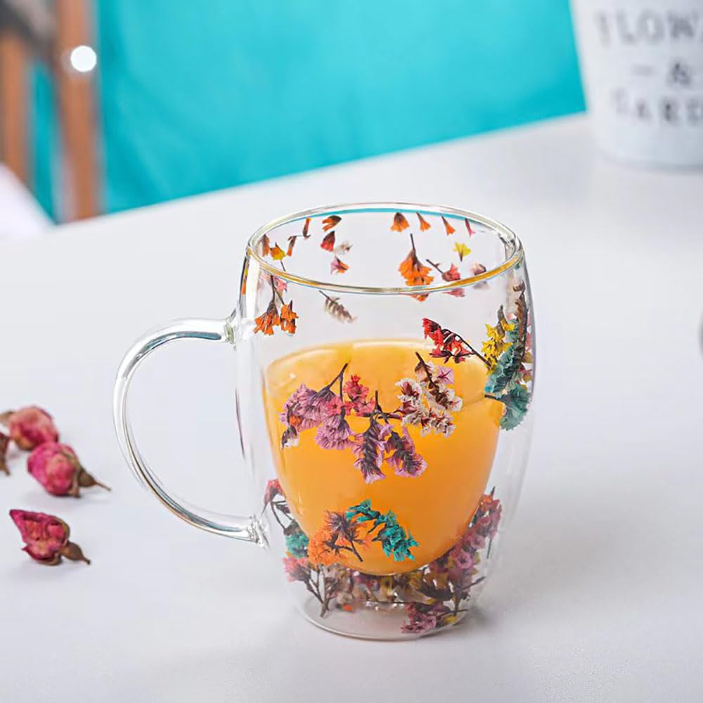 Myhiju Flower Double Wall Clear Glass Coffee Mugs Creative Clear Glass Cups with Handle Flowers Double Insulated Glass Cup for Hot Cold Beverages Cappuccino Latte, Espresso Juice Glass Coffee Cups