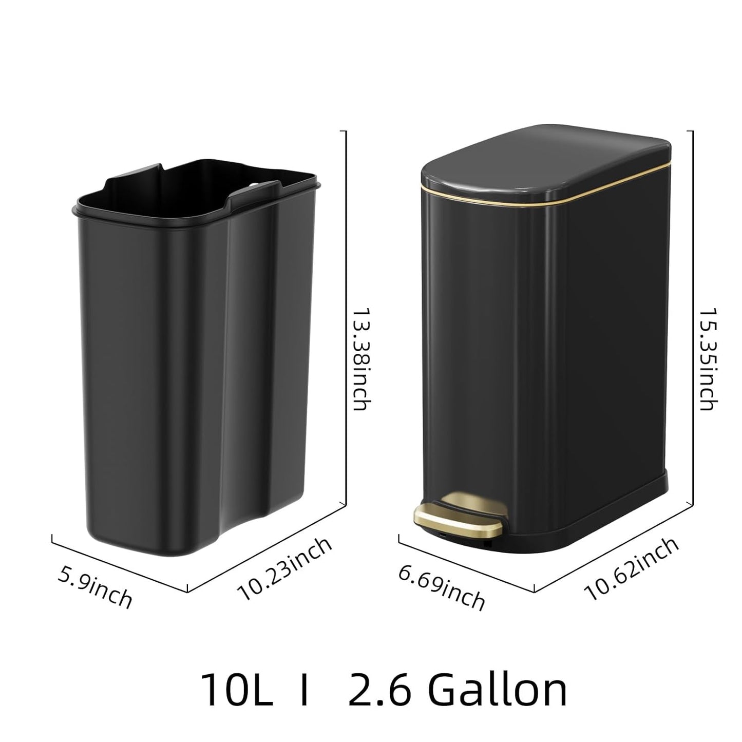 KSSKSS Slim Bathroom Trash Can - 2.6 Gallon Stainless Steel with Soft-Close Pedal | Titanium Black