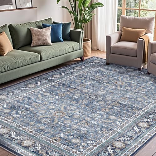 Blue 6x9 Area Rug - Washable Vintage Style Living Room Carpet