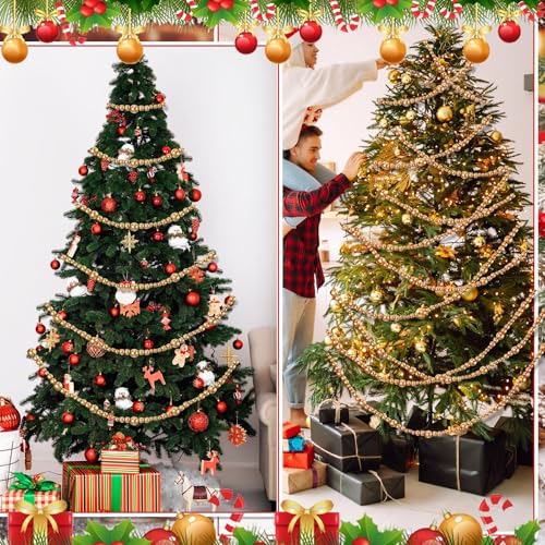Zeyune Gold Christmas Beads Garland 66 Feet Rustic Wooden Holiday Decor