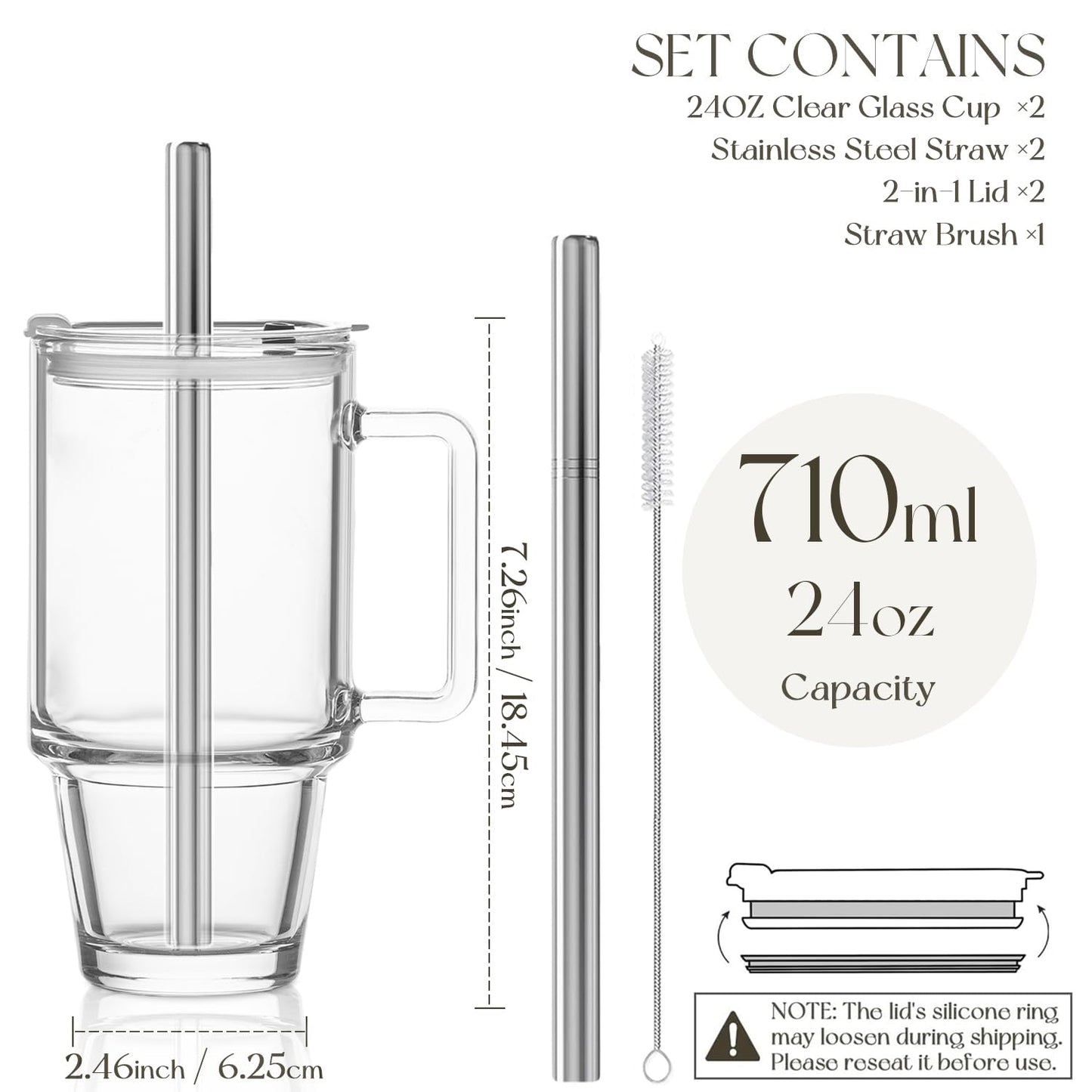 KEMORELA 24oz Clear Glass Tumbler with Handle, Lid & 13mm Stainless Steel Straws,2 set–Wide-Mouth Reusable Glass Cups for Cold & Hot Drinks, Ideal for Boba,Smoothies, Iced Coffee & Juice, Travel Cup