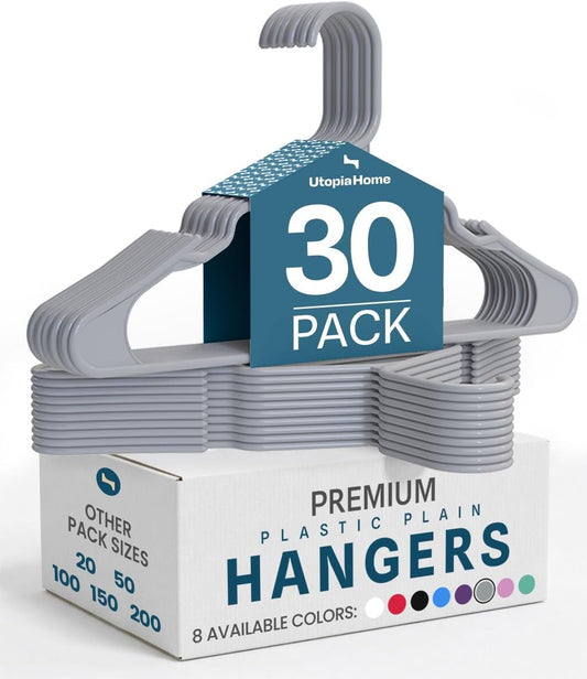 Utopia Home Plastic Hangers 30 Pack - Durable Space-Saving Clothes Hangers - Grey Closet Organizers