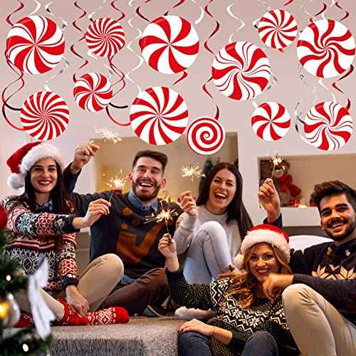 Funrous 54 Pcs Christmas Peppermint Candy Hanging Decorations Christmas Candies Ceiling Hanging Swirls Xmas Party Ceiling Whirl Streamers for Xmas Holiday Party Decor(Red White)