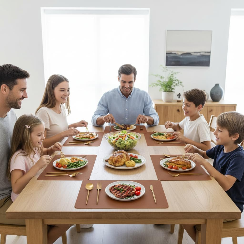 SHACOS Faux Cowhide Leather Placemats Set of 6, Wipeable Heat Resistant Table Mats, Stain Resistant Double Sided Reversible PU Place Mats for Dining Table Kitchen Restaurants, Brown and Blue