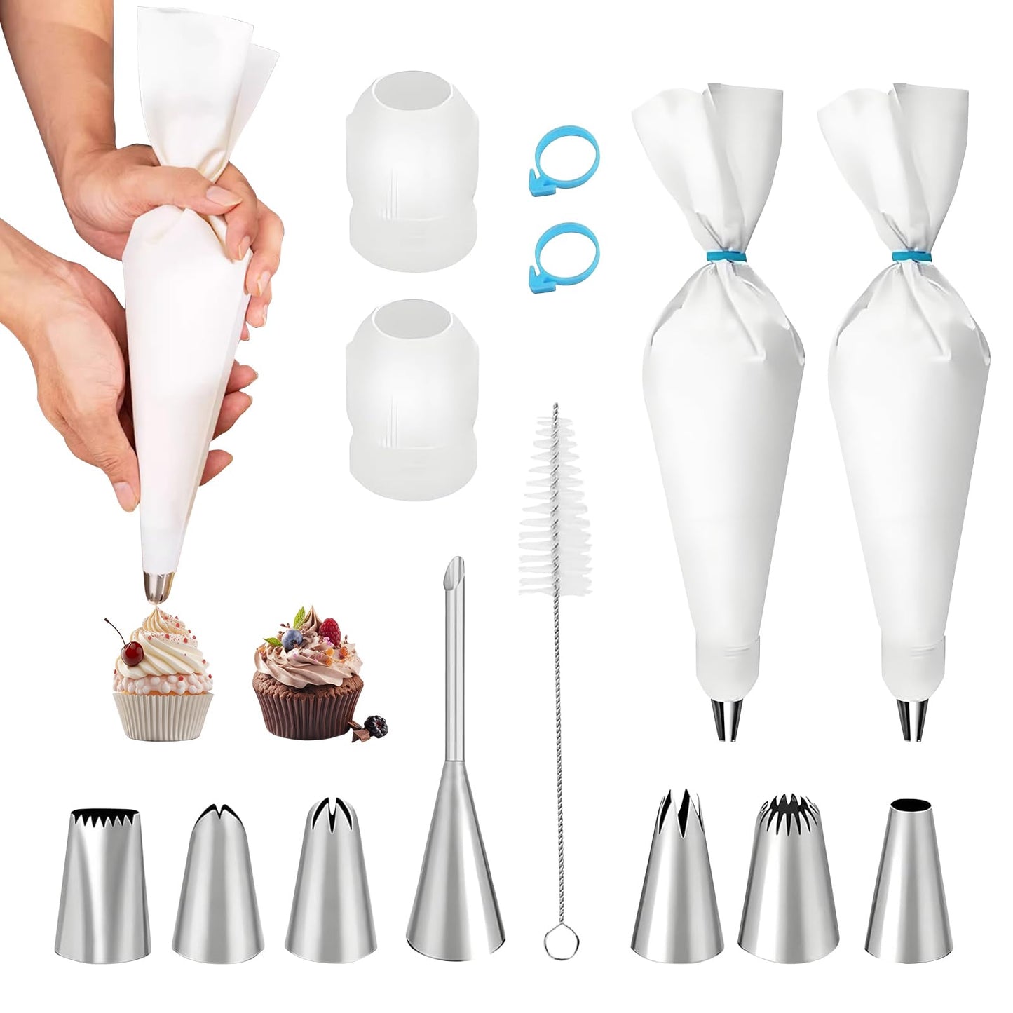 14pcs Reusable Piping Bags and Tips Set,16inch Cotton Baking Kit with Coupler,for Cake Decorating, Cupcakes, Cookies, Home Bakers, Chefs