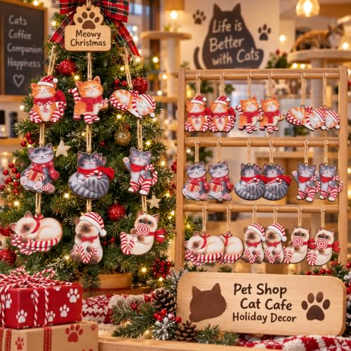 Conelist Cat Christmas Ornaments - 27 Pack Holiday Cat Decorations with Candy Cane, Santa Hat & Winter Designs