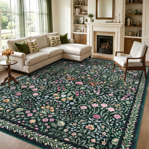 Tosuoka 8x10 Dark Green Washable Boho Floral Area Rug for Farmhouse & Living Room