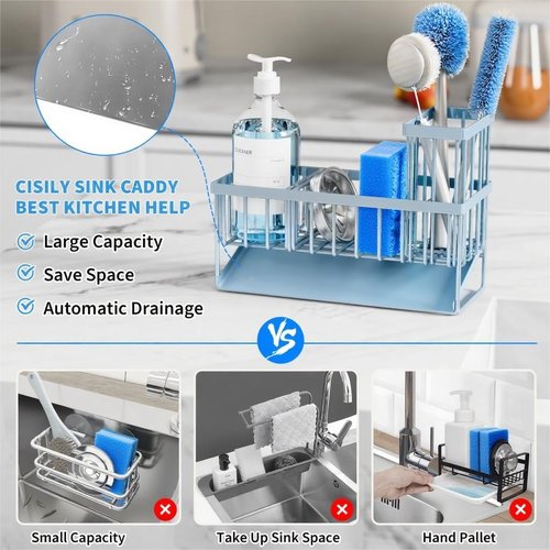Cisily Sink Caddy Organizer - Rustproof 304 Stainless Steel with Brush & Sponge Holder | Gray Blue