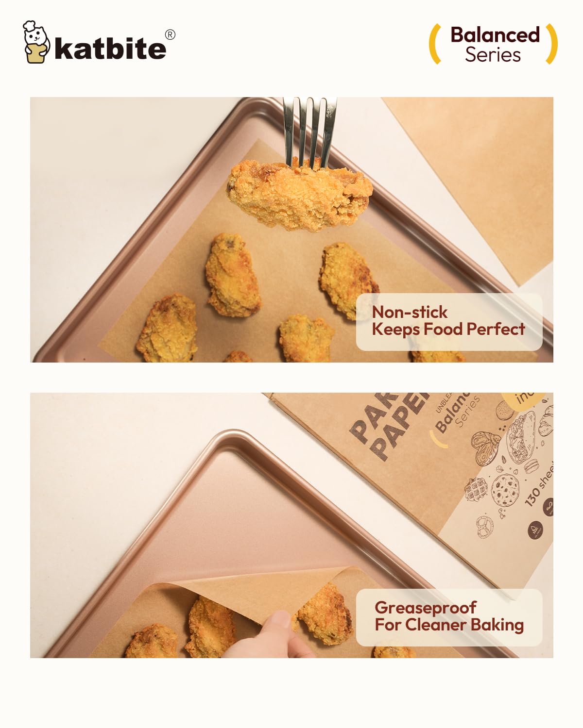 Katbite 130 Pcs Parchment Paper Sheets, 9x13 Inches Unbleached Baking Paper Non-Stick for Gently Baking, Pre-cut Parchment Paper Suitable for Baking, Cooking,Air Fryer [Balanced Series]