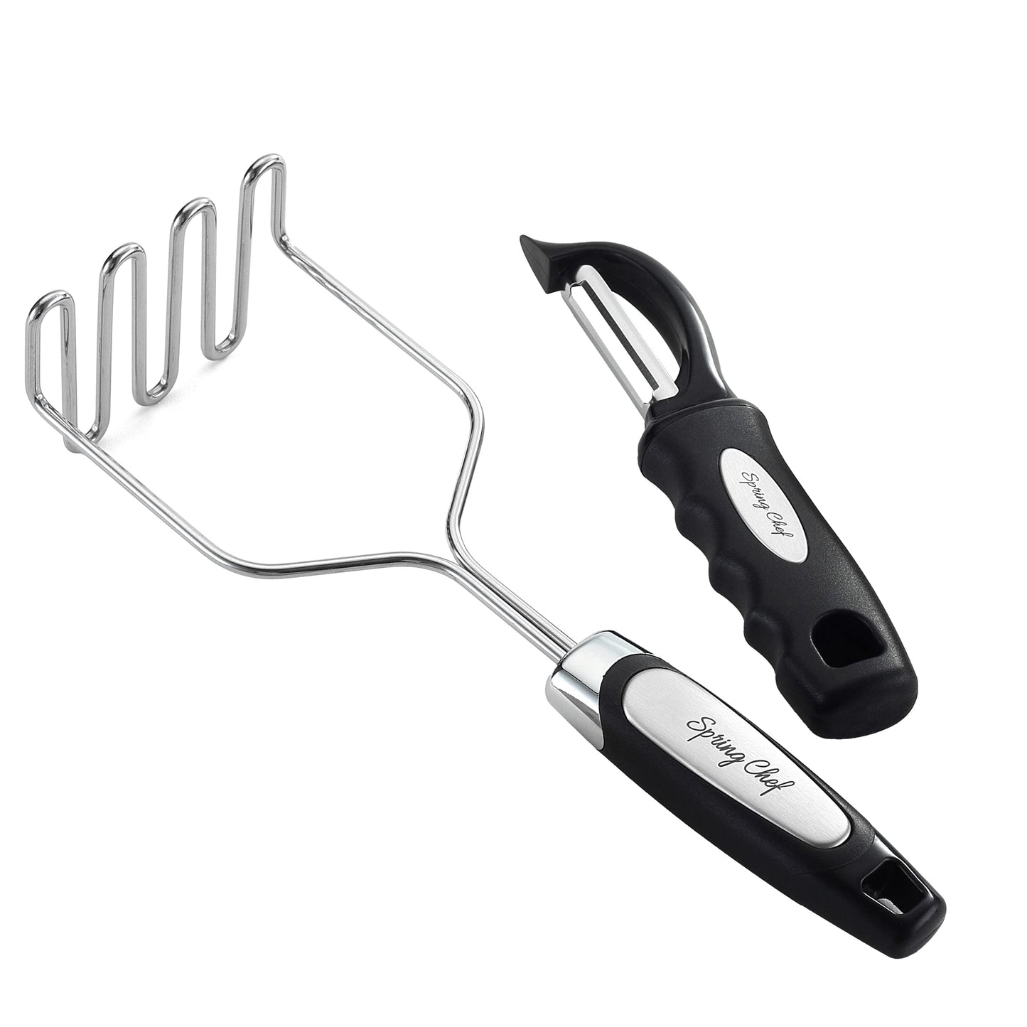 Spring Chef Stainless Steel Premium Vegetable Peeler with Potato Masher, Soft Grip Handle Metal Food Peeler and Masher for Fruit & Vegetables