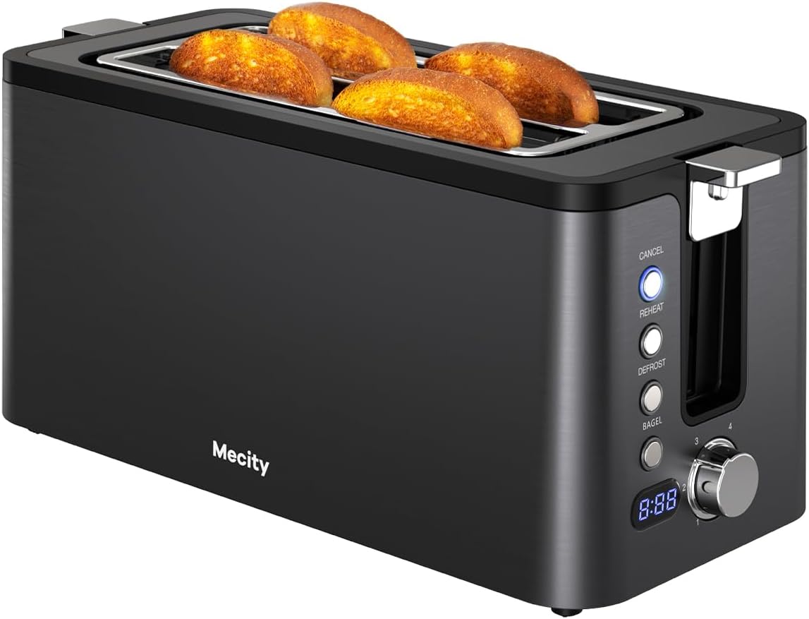 Mecity 4-Slice Toaster - Long Slot Design with Timer & 6 Browning Settings | Stainless Steel, 1300W