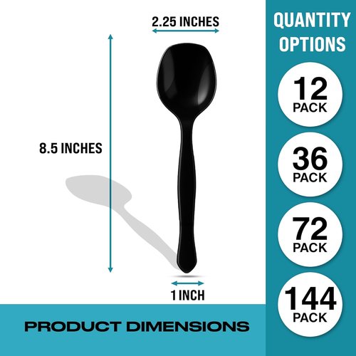 C&S Event Supply Co. Heavy Duty Black Plastic Serving Spoons - 12 Count | Large Disposable Utensils for Catering & Events