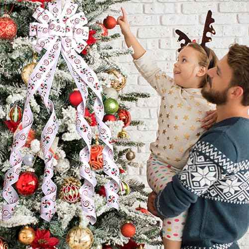 Christmas Tree Topper Christmas Wreath Bow 48x13 Inches Large White Christmas Toppers Bow with Candy Patterned Ribbon Glitter Satin Streamers for Xmas Tree Home Indoor Outdoor Decoration