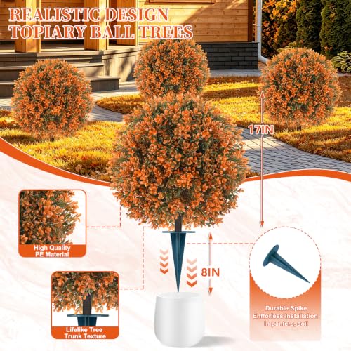 Fall Boxwood Topiary Trees - Artificial Shrubs with Ground Spike, UV-Resistant Outdoor Decor, 2 Pack
