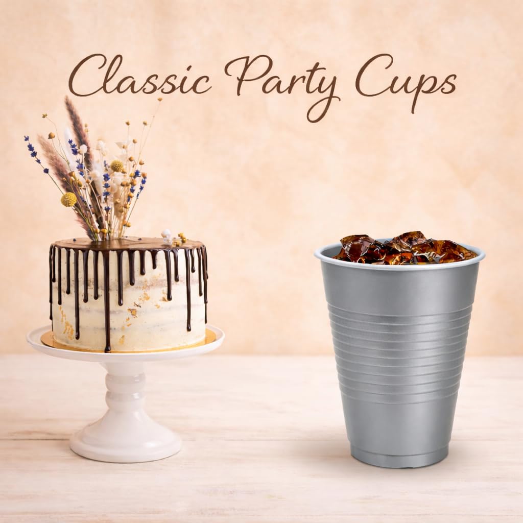 Silver Solid Color Premium Heavy Weight Plastic Cup (18 Oz.) 50 Count - Elegant & Durable, Perfect for Parties, Weddings & Everyday Use