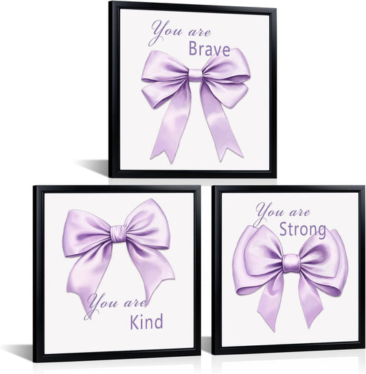 WELMECO Bow Wall Decor - Inspirational Framed Art Set for Girls | 12x12 Inch, Black Frame, 3 Pieces